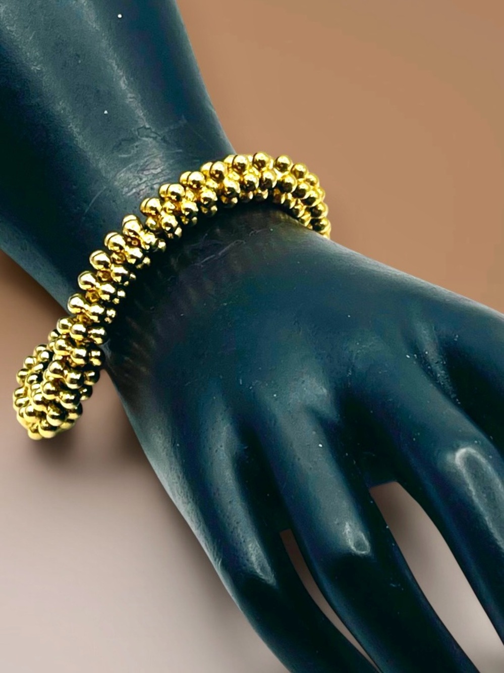 Vintage Gold Tone Sunburst Disc Spoke Bead Flexible Statement Link Bracelet